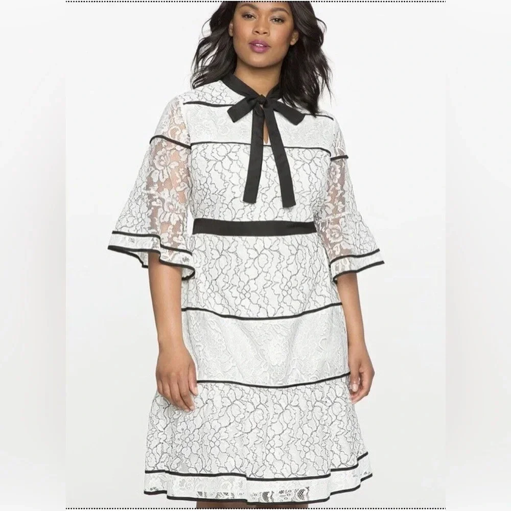 ELOQUII Studio Lace Blocked Dress With Piping White & Black Size 20 - Picture 1 of 5
